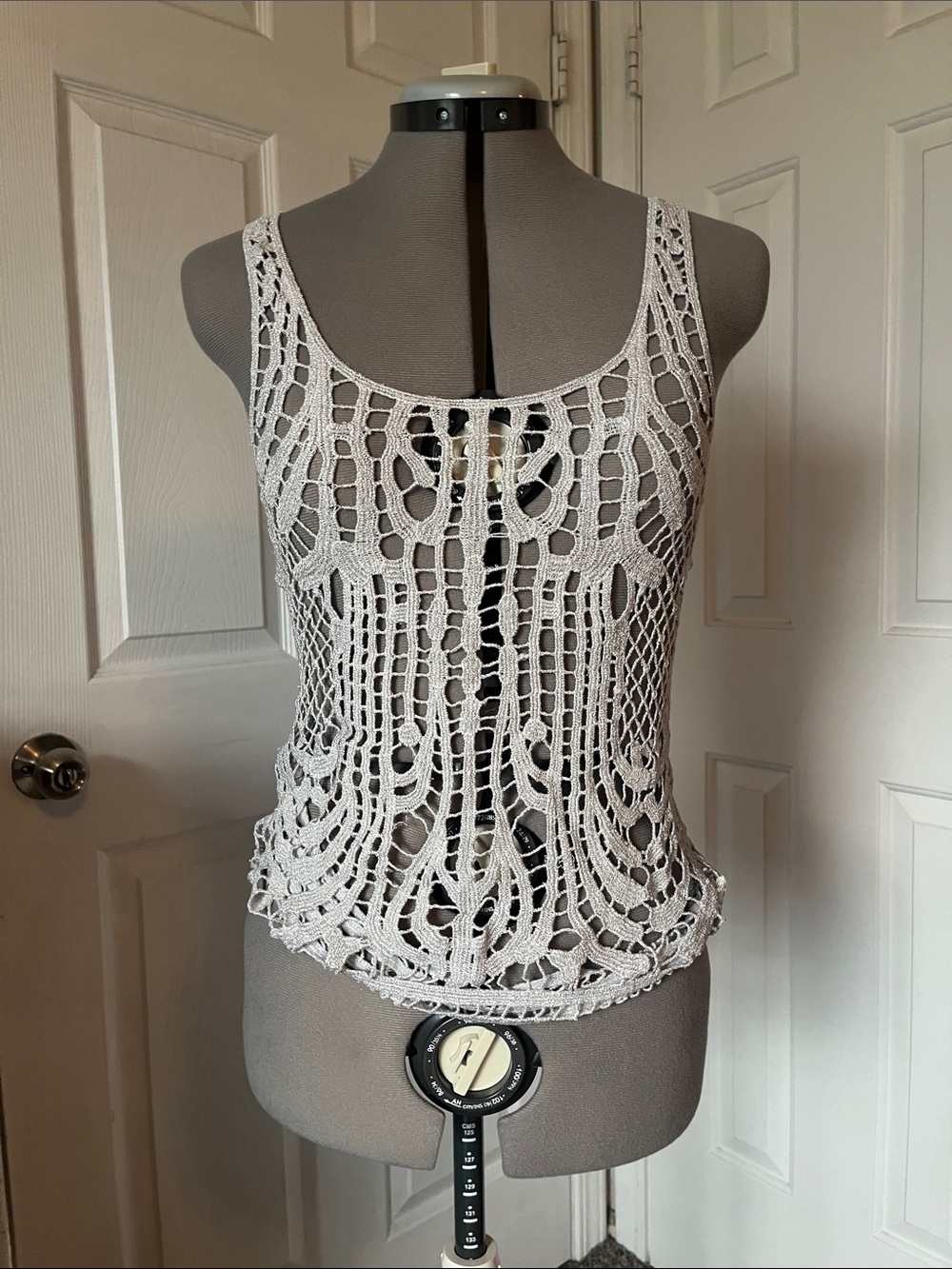 Studio C Y2K Glittery Crochet Tank Top, Silver-Grey, Size S